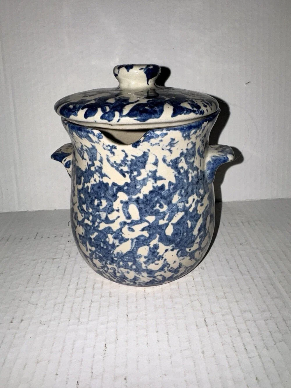 Vintage Blue Spongeware Stoneware Drippings Crock Grease Jar w/Lid Farmhouse